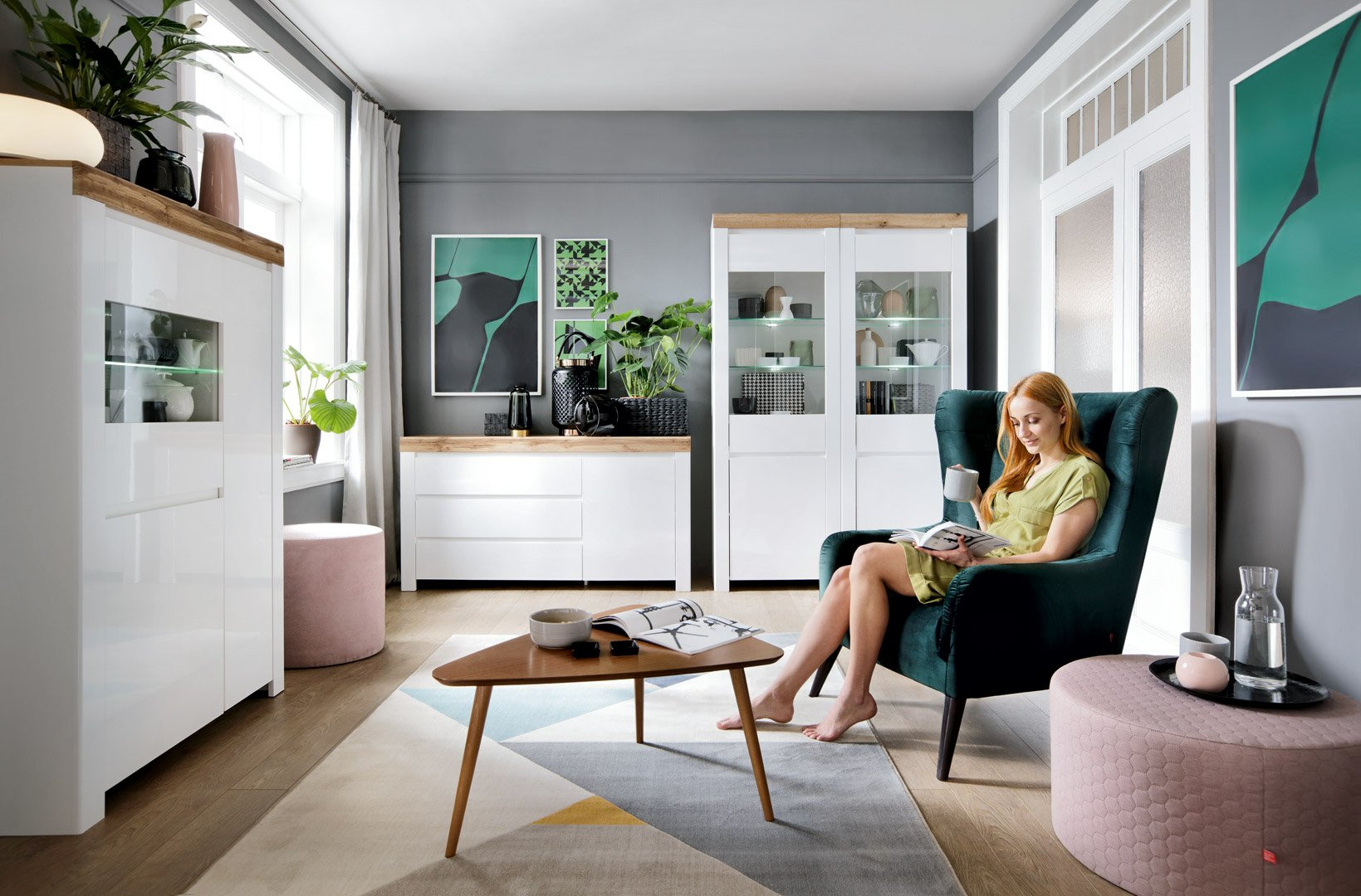 Holten elemes bútorcsalád – fehér magasfényű nappali bútor wotan tölgy tetőlappal