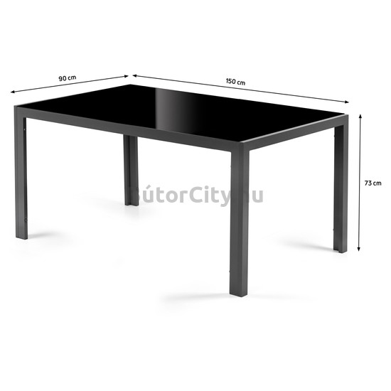 Kültéri kerti asztal, fekete üveglap, alumínium váz (150 cm)