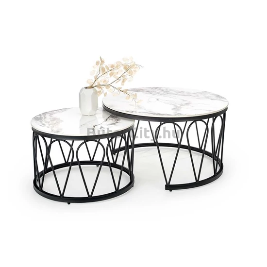 Formosa dohányzóasztal, 2-es szett, szinterezett kő, fehér márvány/fekete